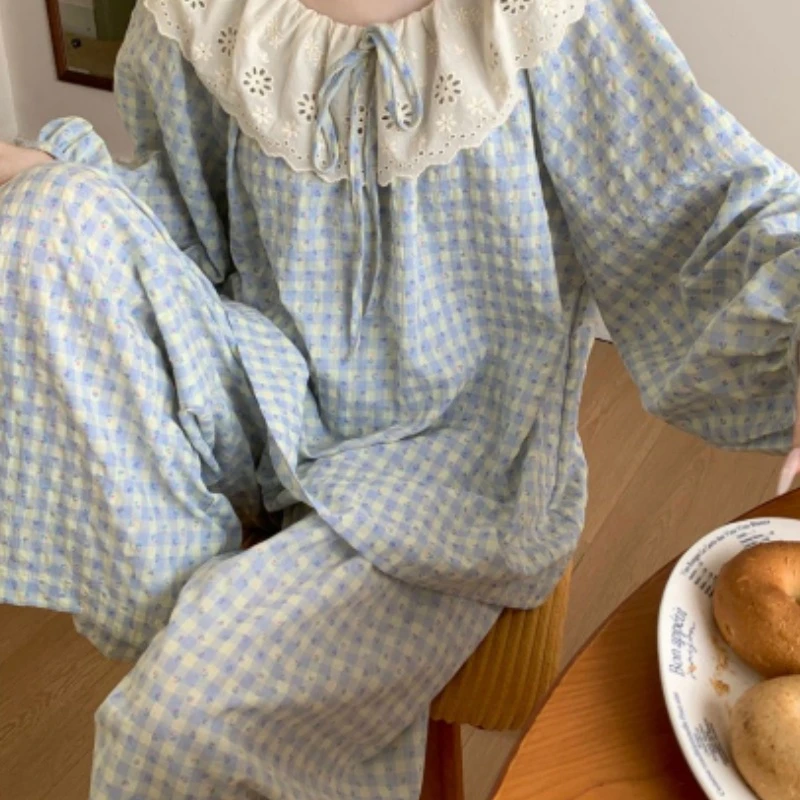 ins风碎花云朵棉睡衣女春秋公主风长袖花边格子家居服套装甜美夏