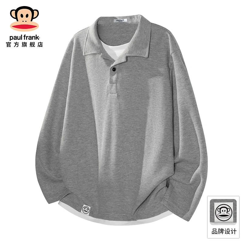 paul frank/大嘴猴潮流休闲长袖t恤男秋冬新款华夫格宽松翻领上衣