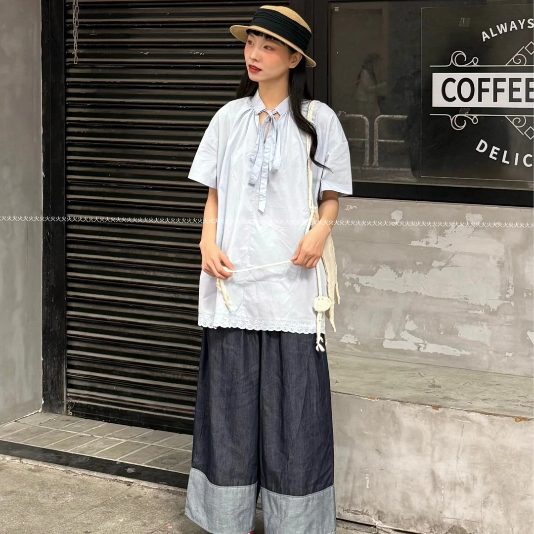 火火【蓝风铃】夏款设计师款系带衬衫钩花刺绣上衣女显瘦百搭衬衣