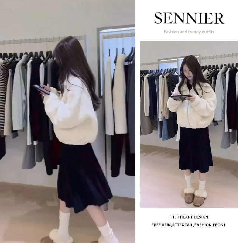 韩系穿搭2025秋冬新款百搭宽松纯色长袖外套显瘦百褶半身裙两件套