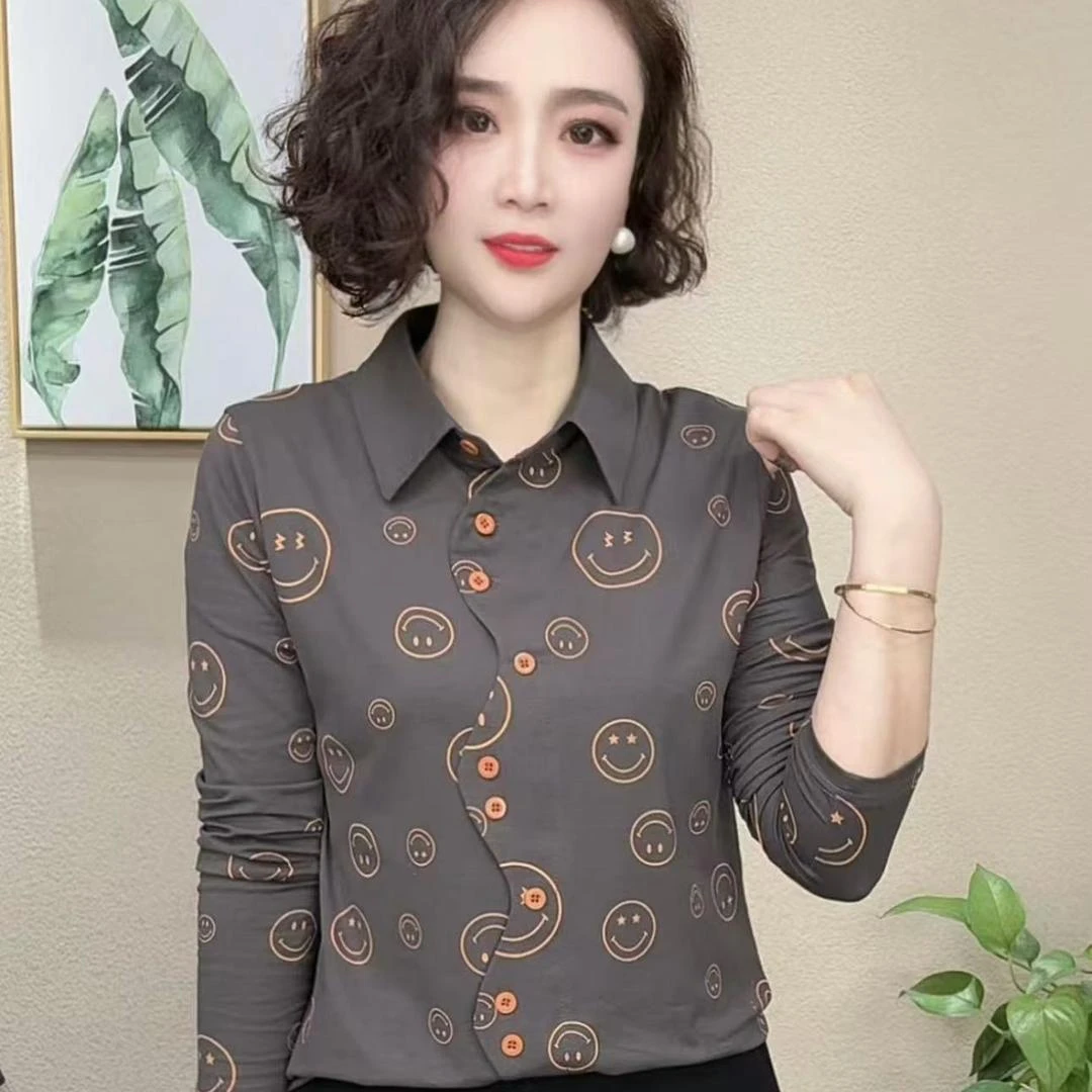 春秋气质百搭显瘦新款时尚洋气印花翻领长袖套头女士妈妈上衣长袖