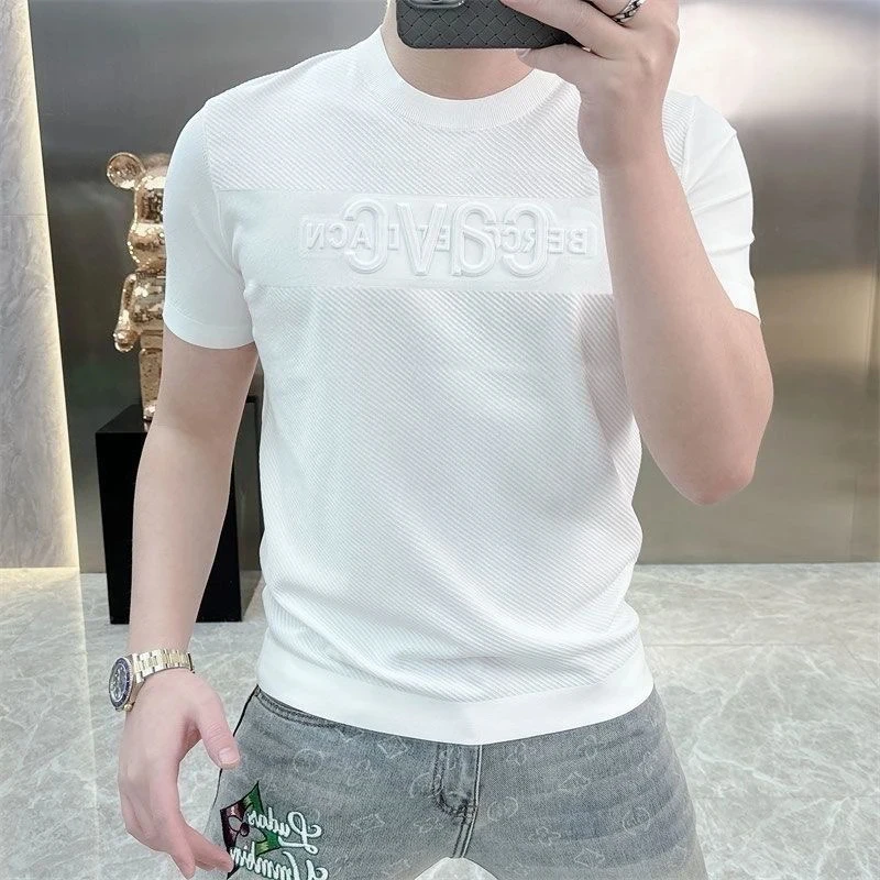 欧货轻奢短袖T恤男士针织冰丝夏季时尚半袖印花上衣修身薄款百搭t