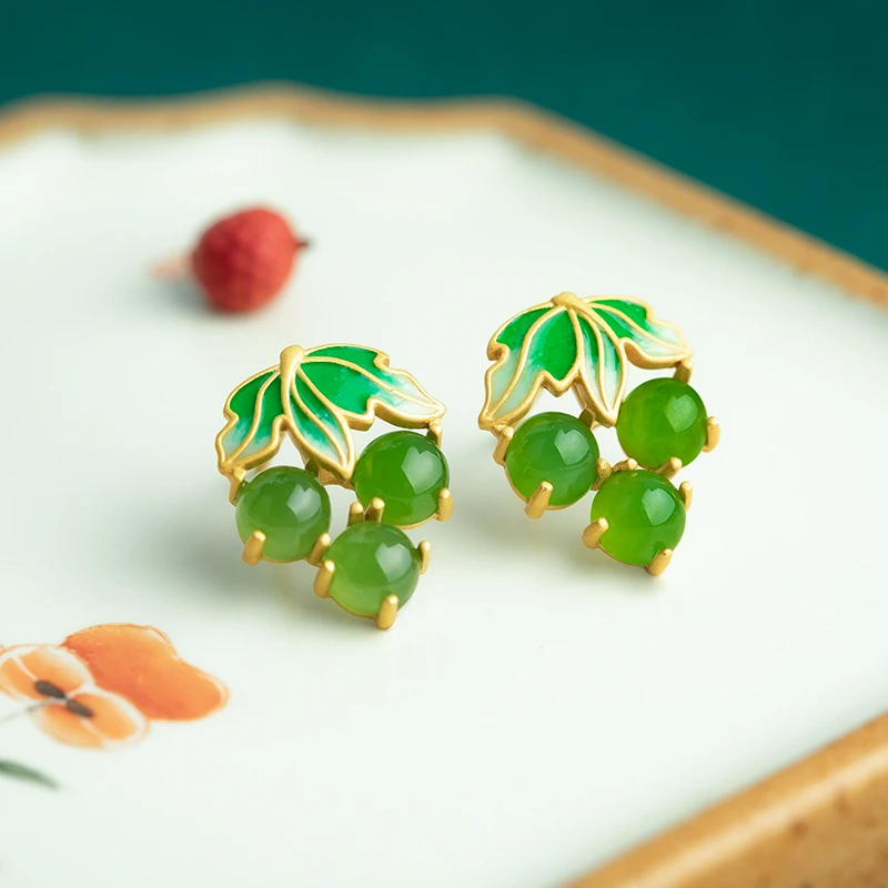 小银匠碧玉和田玉S925银耳钉女珐琅葡萄新中式绿色玉耳饰耳环礼物