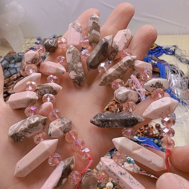 水晶珠宝半成品未镶嵌粉斑马双尖六角柱一条