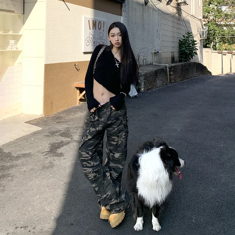 GL 抽绳褶皱迷彩裤子女复古美式宽松显瘦设计感休闲长裤嘻哈工装