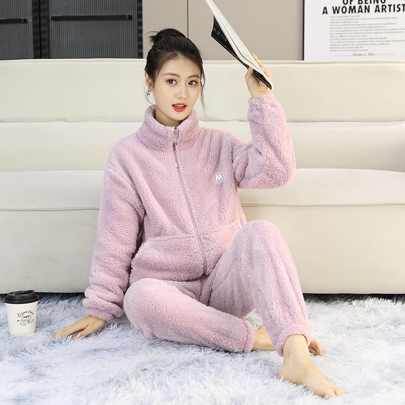 YQ1125秋冬季睡衣女加绒宽松长袖保暖大码休闲家居服套装