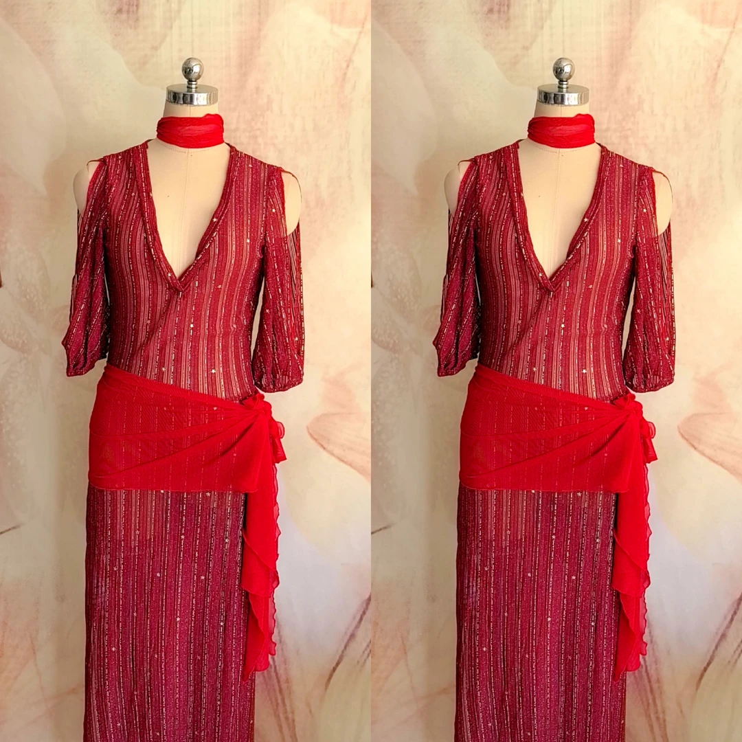 SWEGAL肚皮舞练功服民俗风baladi袍子红色金线袍子网纱四件套性感