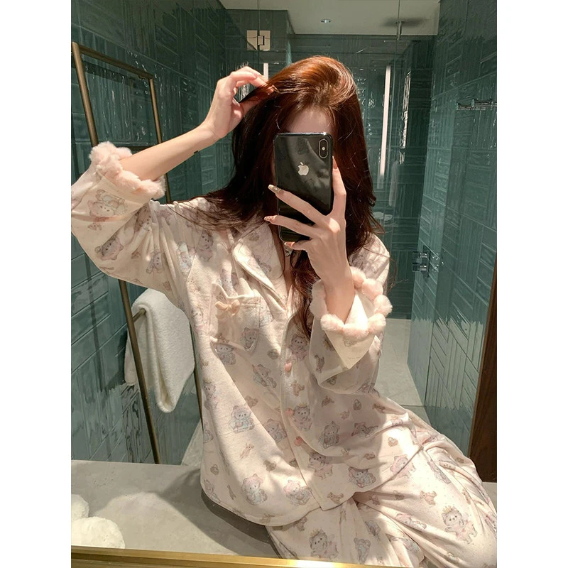 韩版可爱卡通印花保暖德绒睡衣女2025秋冬季加厚家居服套装可外穿