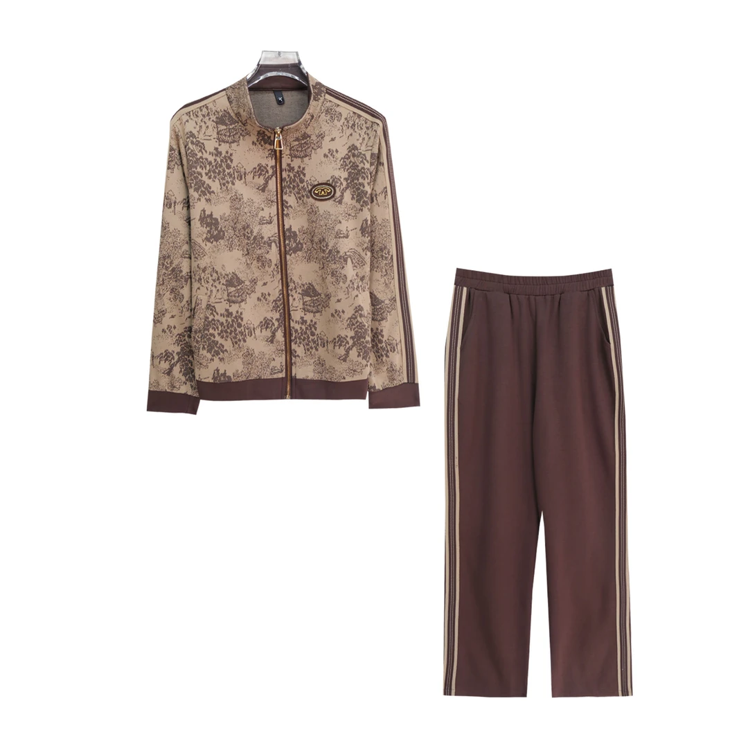 高级感经典印花减龄拉链上衣纯色休闲裤套装S4552