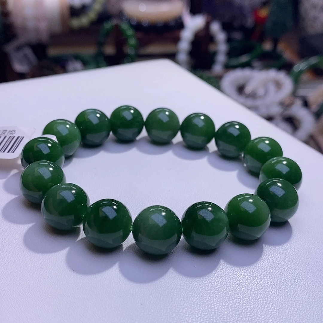 颈饰未镶嵌和田玉收藏级碧玉老矿料高冰菠菜绿手串12m