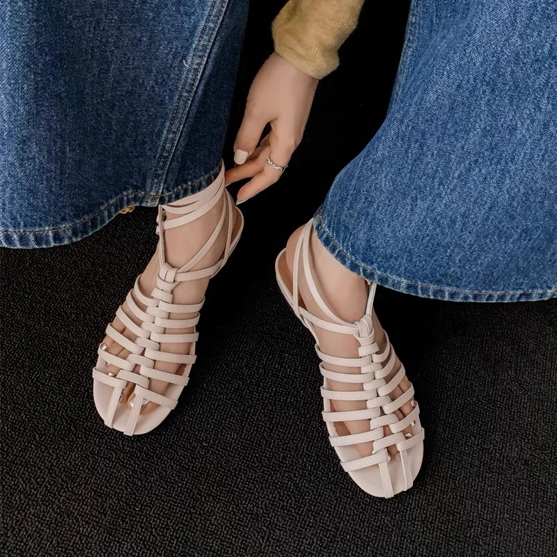 C5960  米白色  夏日新款一字带2025韩系休闲平底凉鞋