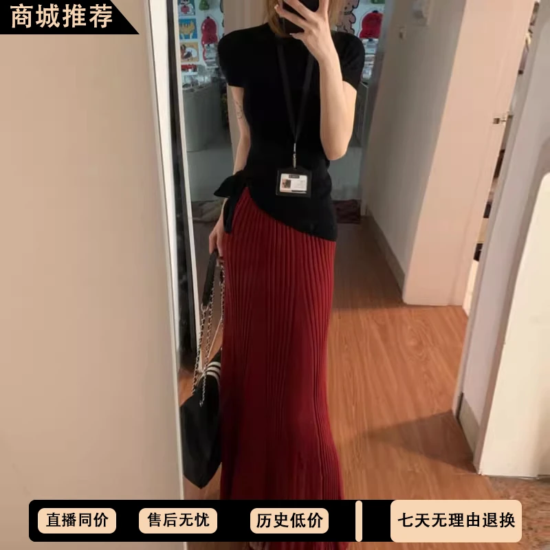 韩版气质百搭系带针织上衣薄款红色针织半身裙高级感套装