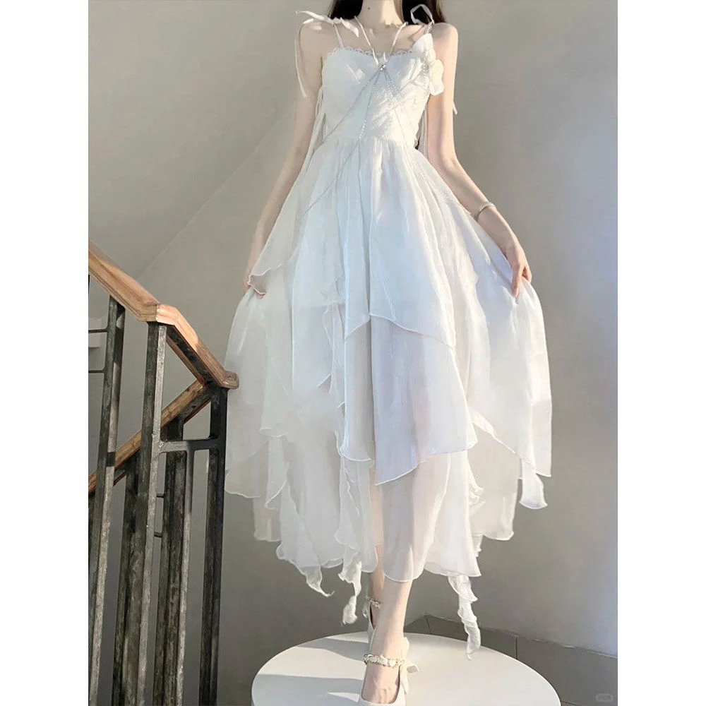 CherryKitty月光白裙夏季希腊风海边仙女白月光感亮纱雪纺长裙子