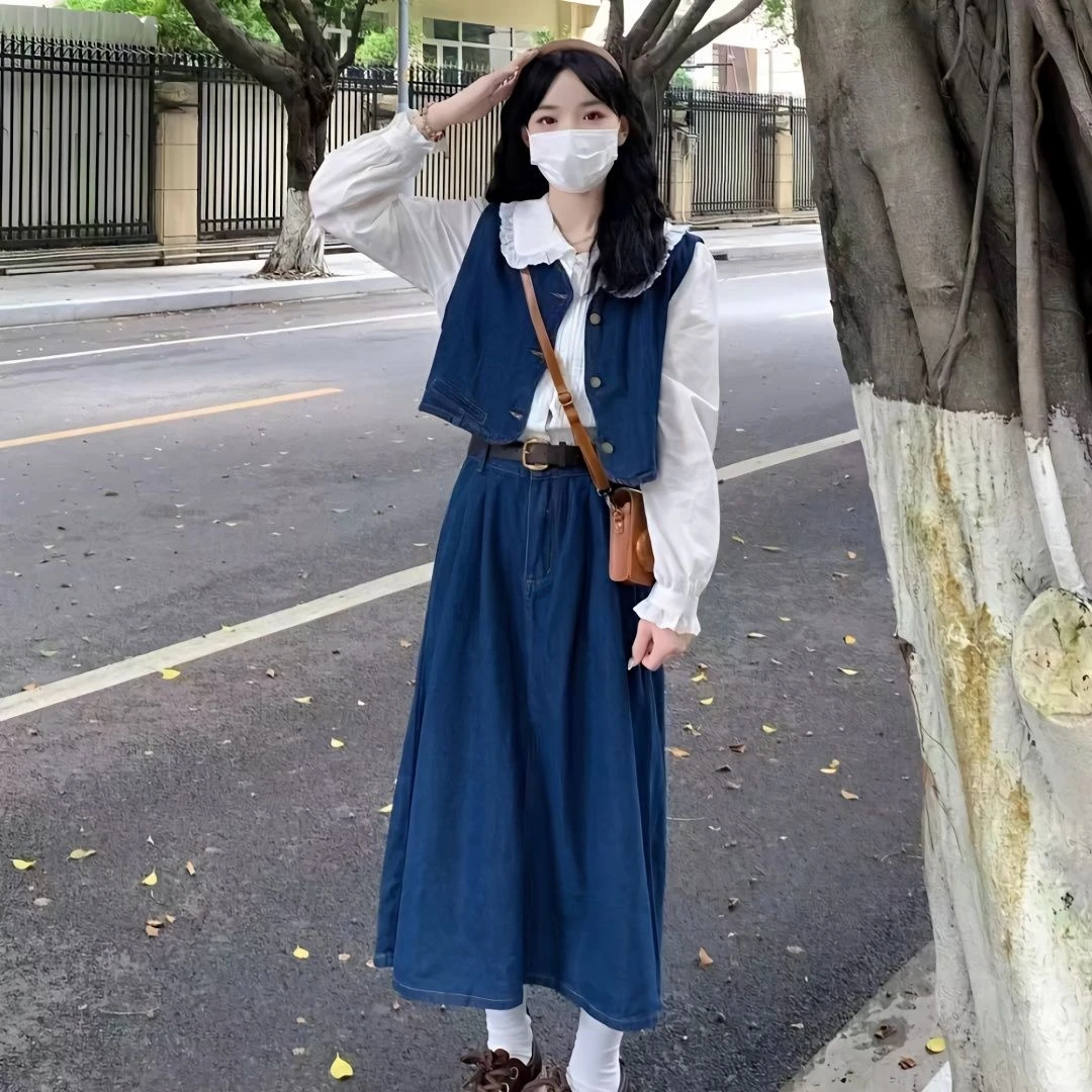 韩系复古ins风时尚套装女秋季2025新款牛仔马甲半身裙衬衫三件套
