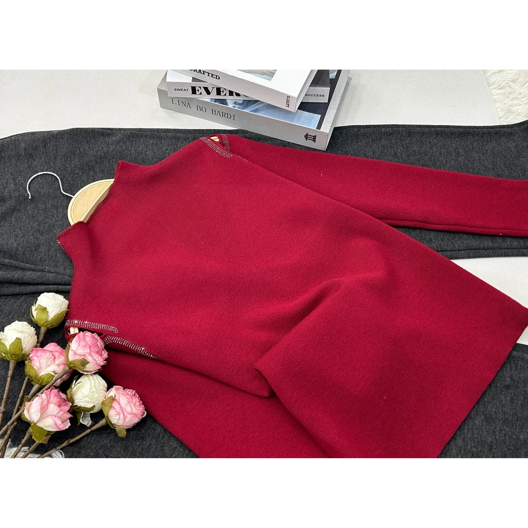 【红色露肩烫钻】新款时尚气质套头上衣QC1975