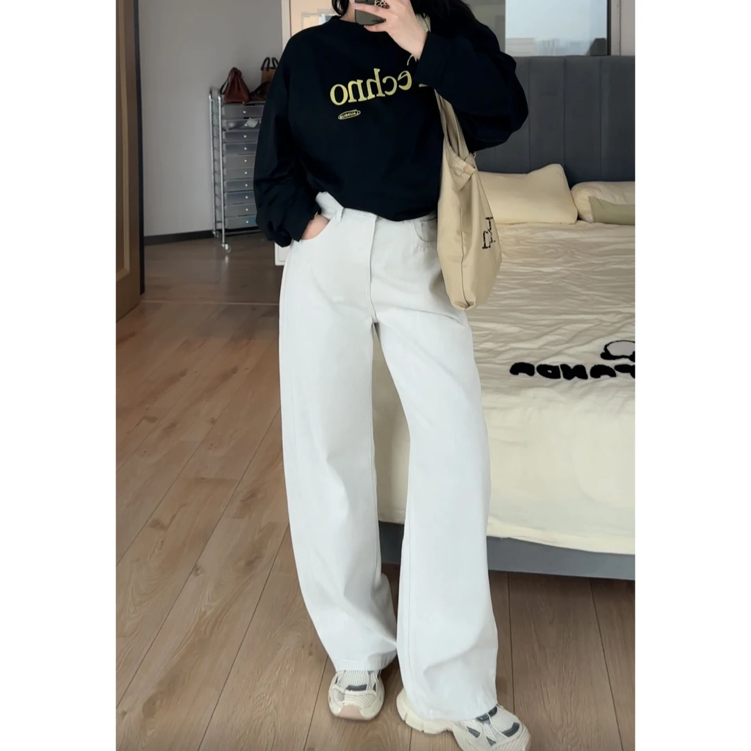 桔青春春夏浅灰阔腿裤女遮肉显瘦宽松休闲小个子高腰牛仔裤弯刀裤