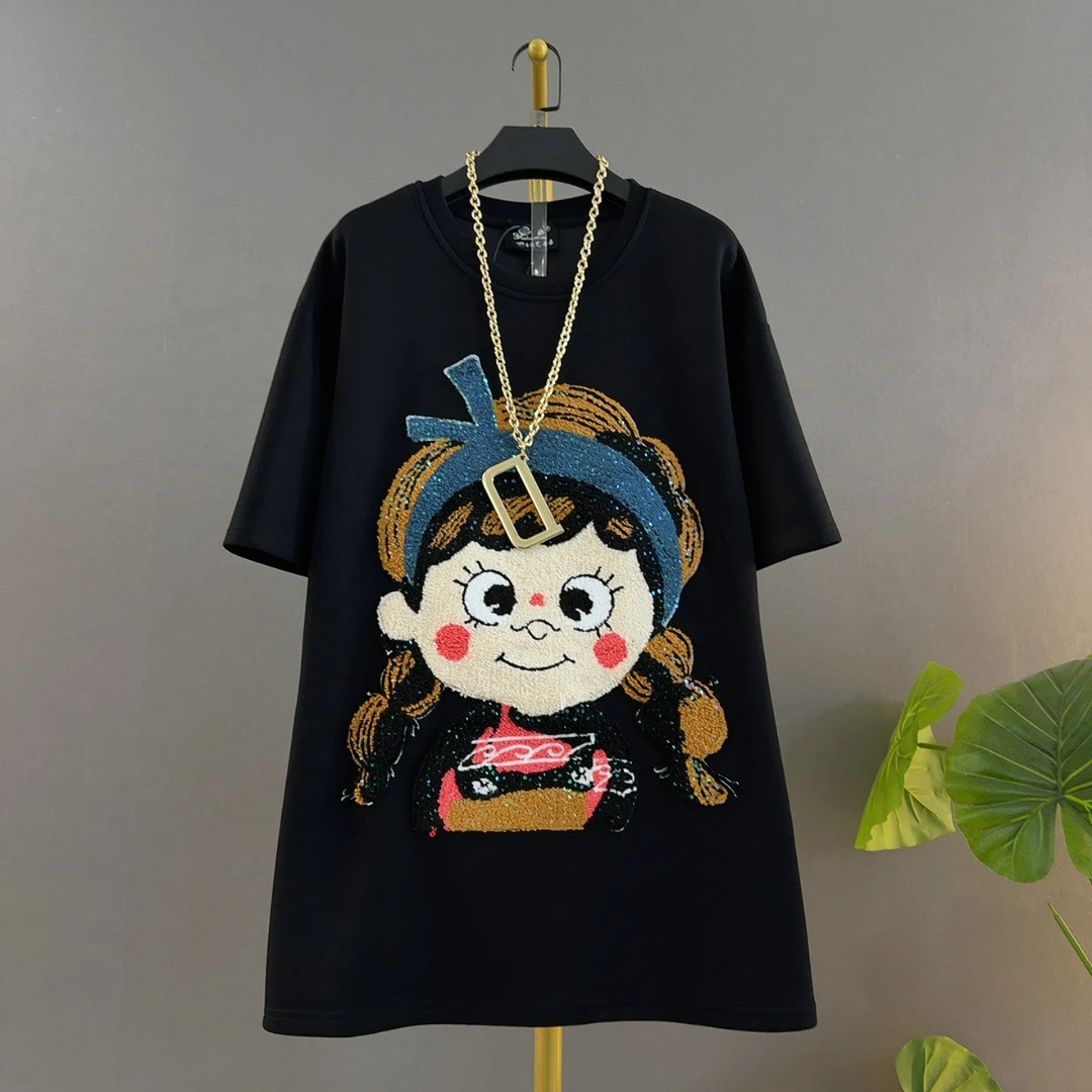 胖妹妹减龄新款时尚贴标卡通小女孩中长款宽松遮肉大码女装半袖