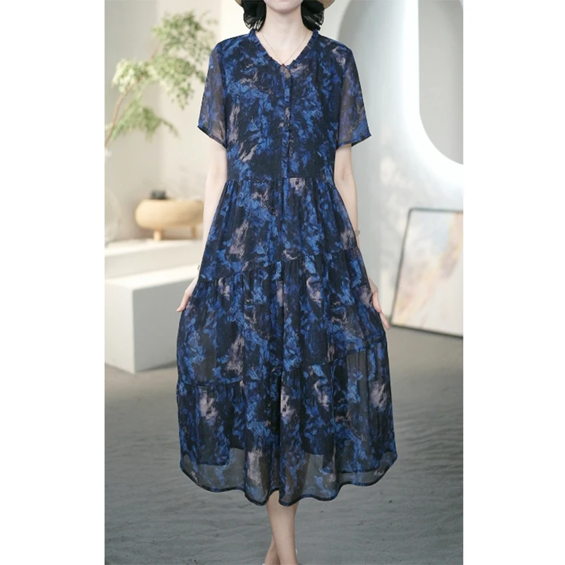 法式高贵气质木耳边大码连衣裙女夏季时尚减龄收腰显长裙子A21889