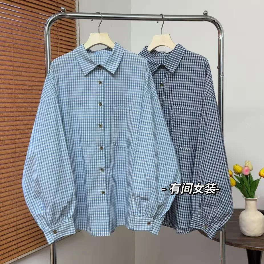 大版小格子长袖春夏薄款衬衫休闲百搭2025新款慵懒中长款衬衣女