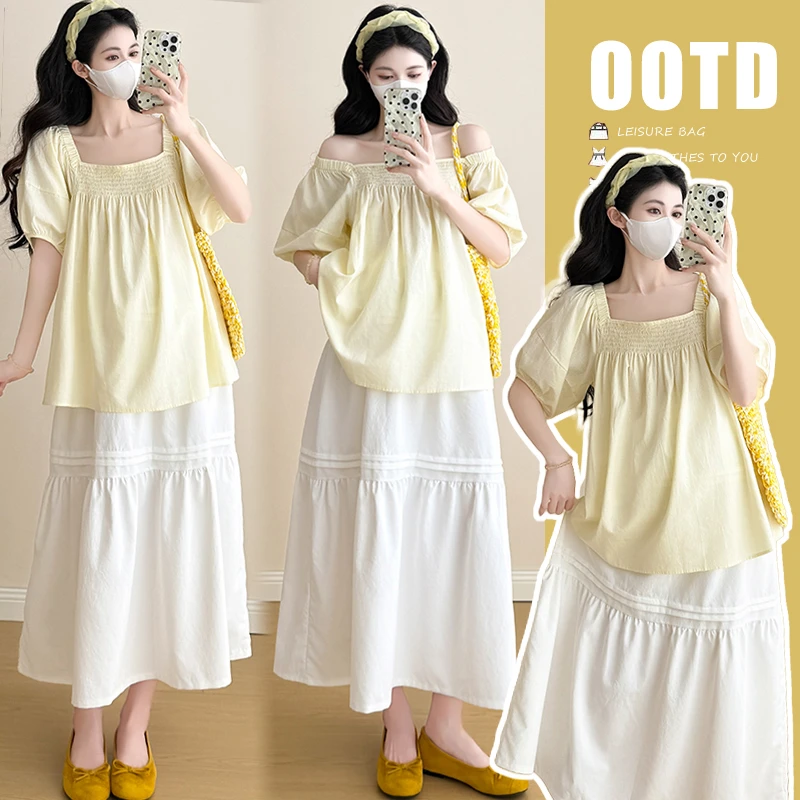 孕妇两件套夏日小清新淡黄色两穿娃娃上衣无托腹白色半裙减龄洋气