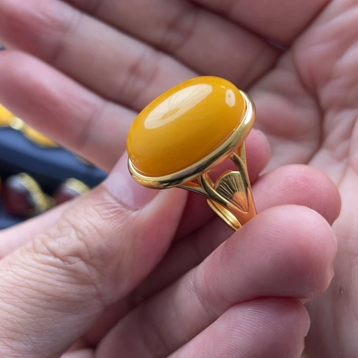 蜜蜡戒指银S925镀金镶嵌