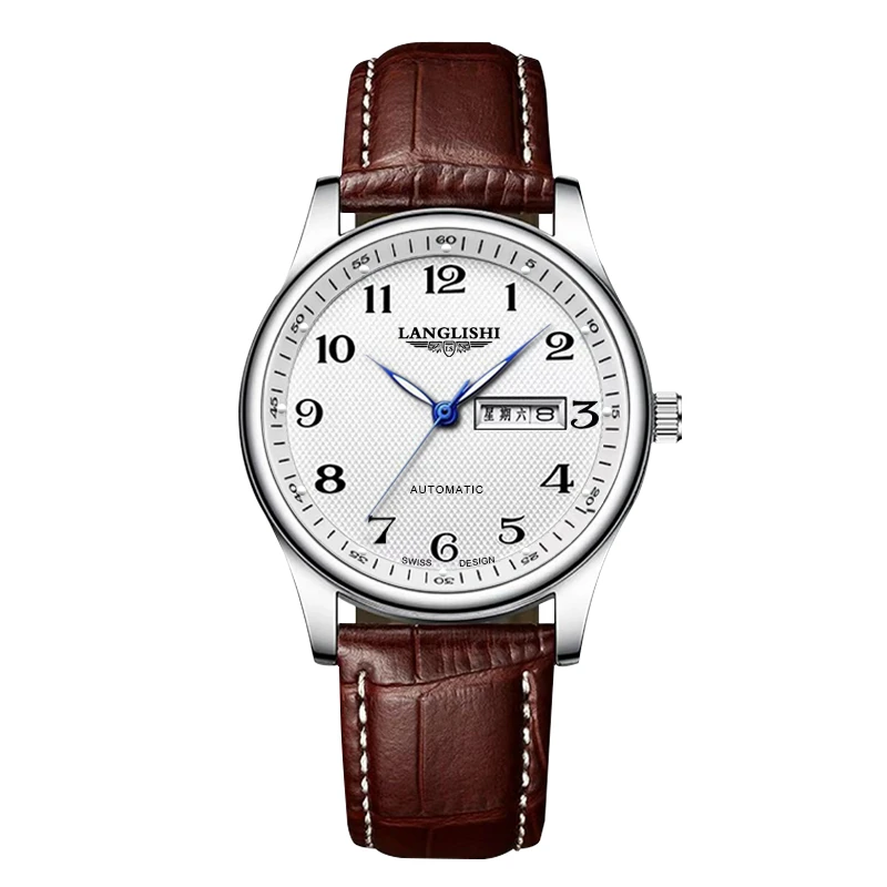 【专柜宠粉】男士棕皮经典数字日历简约夜光白盘手表潮腕表LS007