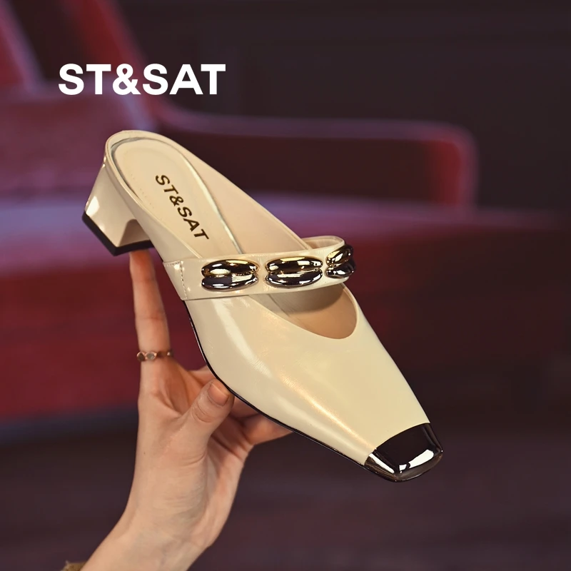 星期六包头半拖鞋女真皮夏季爆款时尚穆勒鞋外穿粗跟一脚蹬懒人鞋