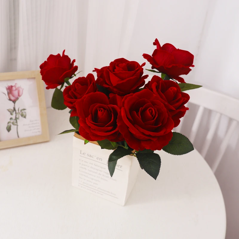 法式玫瑰仿真花长枝绒布可水洗落地塑料假花婚庆装饰客厅上档次花