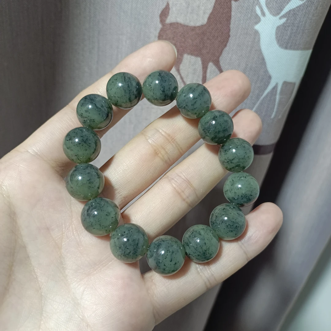 新疆和田玉点墨青花圆珠手串卡14mm玉质细腻油润59g珠宝文玩