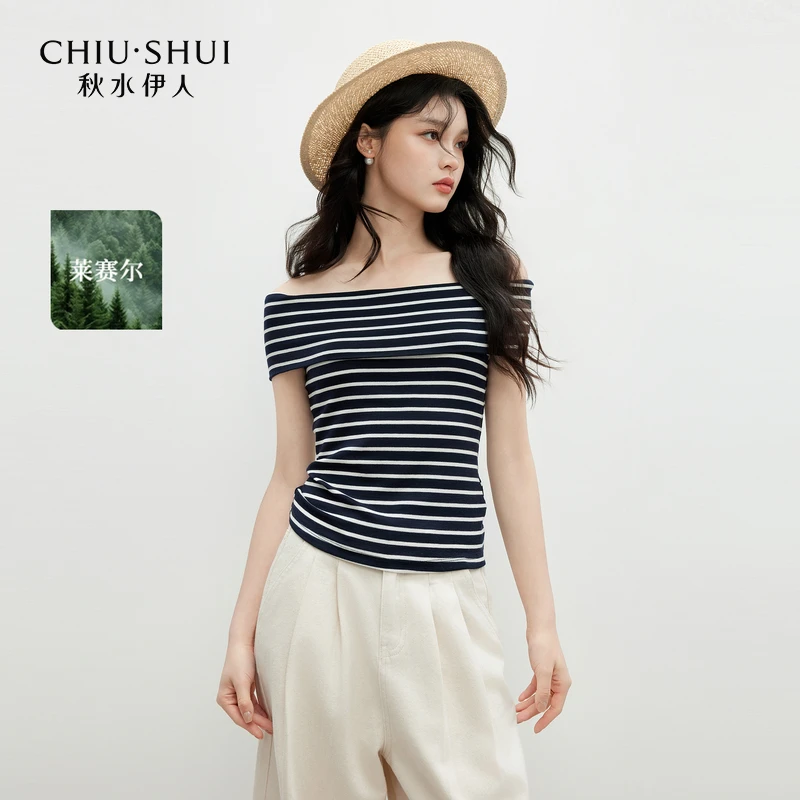 秋水伊人条纹修身T恤2025年夏季新款百搭一字肩上衣625243M200584