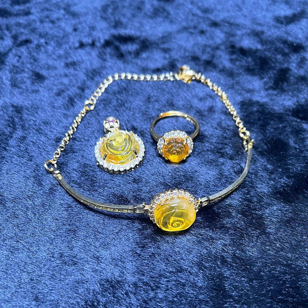 MT2548【福嘟嘟珠宝】琥珀牡丹花金珀三件套-配链子-送礼佳品