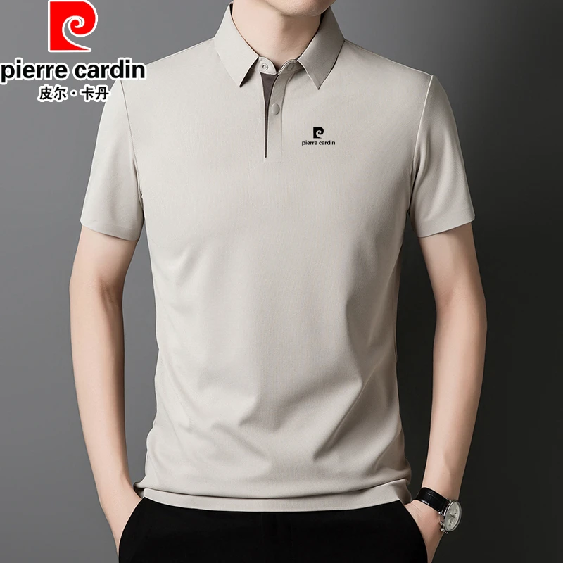 皮尔卡丹高档桑蚕丝短袖t恤男士夏季休闲翻领无痕薄款冰丝polo衫