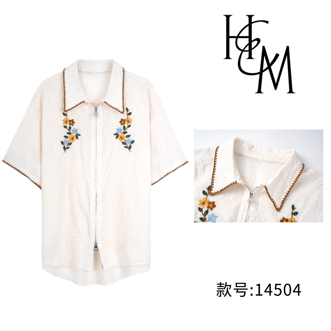 HUIERMAN/慧尔曼时尚设计师款韩系复古刺绣高级感短袖衬衫【14504】