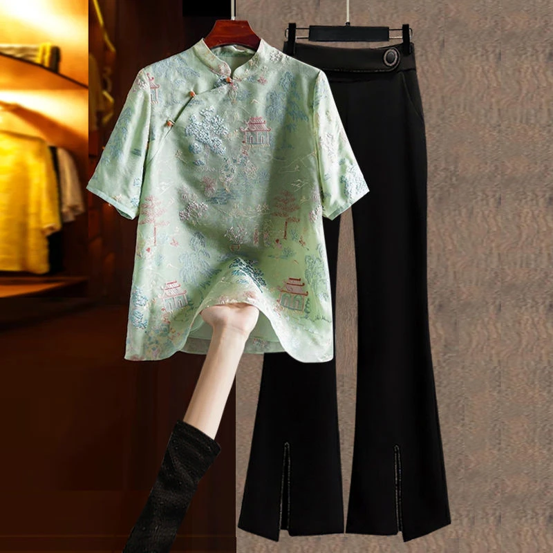 新中式国风套装女士夏装2025新款妈妈洋气时尚高端盘扣衬衫两件套