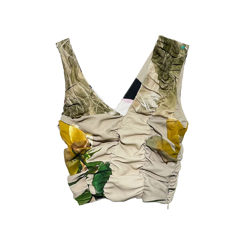 【lucency】noundnound早秋新款时尚抽花褶皱短款v领修身吊带背心女