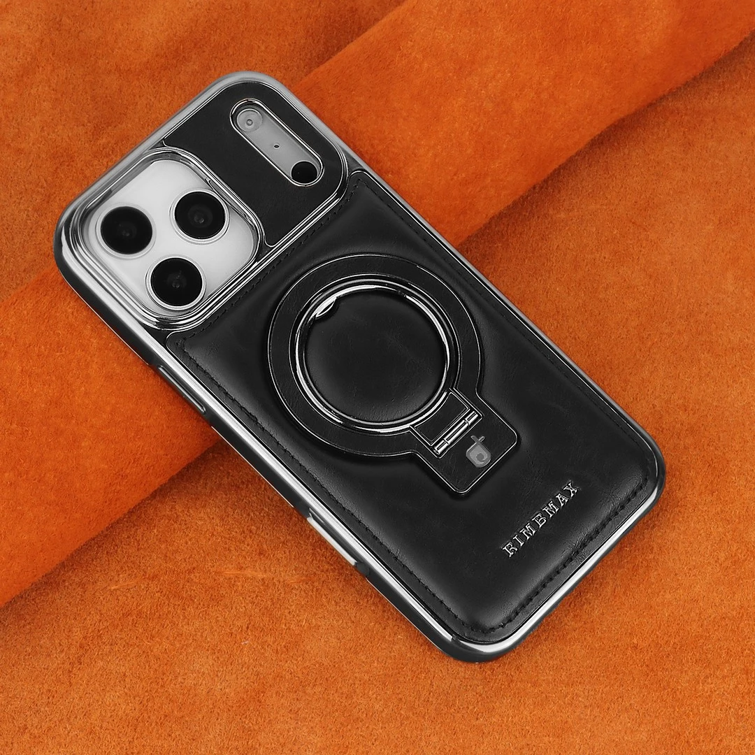 适用于苹果17ProMax旋转磁吸支架手机壳高档皮纹iPhone16全包防摔