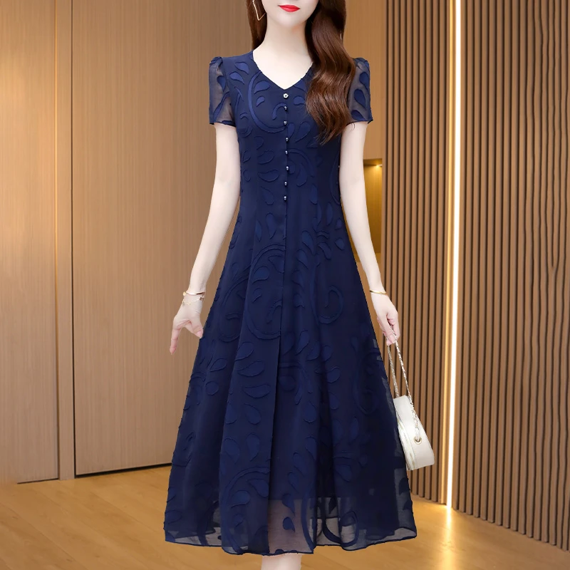 雪纺连衣裙女夏季2025新款轻奢高级感气质奢华妈妈贵夫人品牌裙子