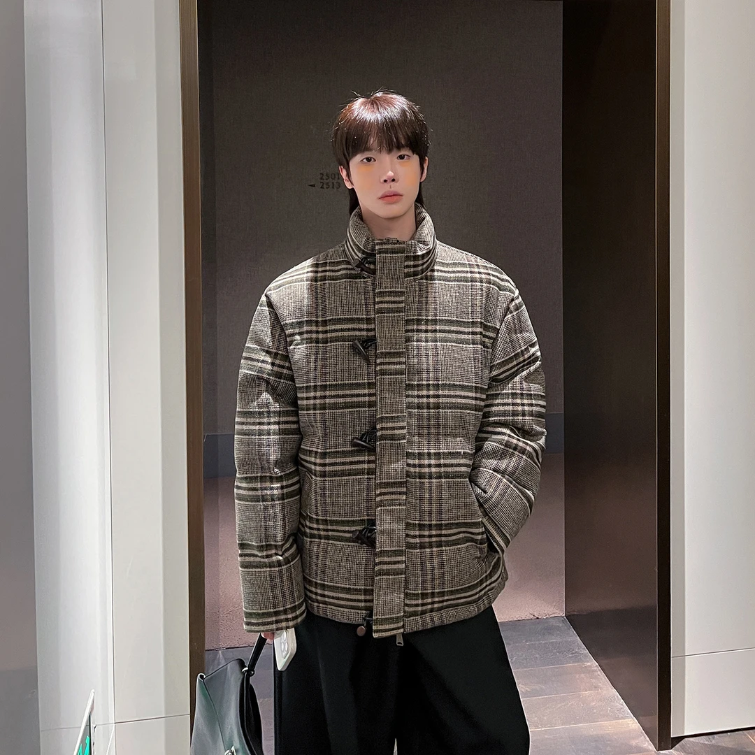 高林凡 复古老钱风立领宽松百搭加厚格子牛角扣棉服外套男女同款