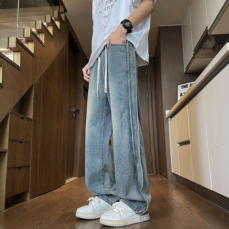 春季新款牛仔裤男士青少年学生宽松直筒裤百搭休闲复古港风美式潮