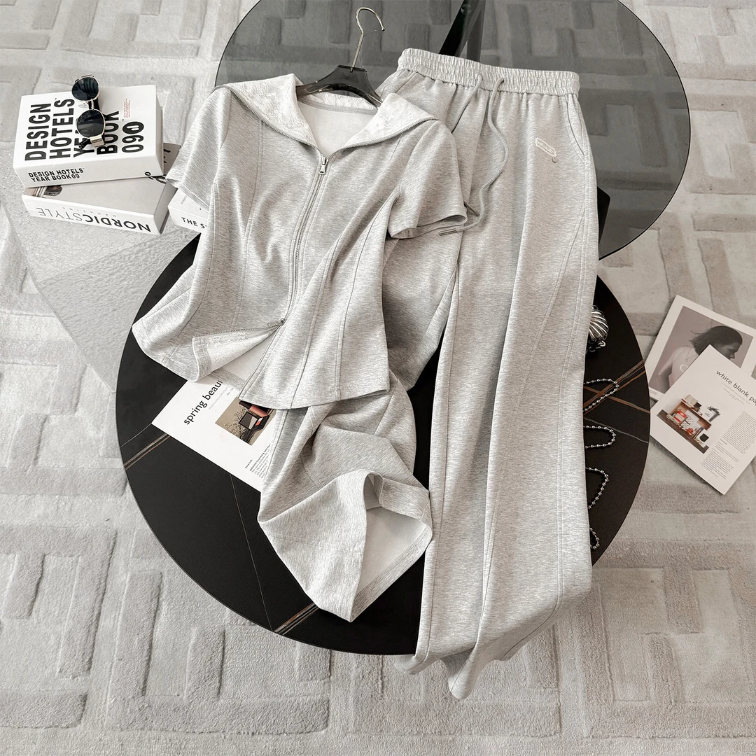 网红爆款休闲运动套装女夏季洋气显瘦修身卫衣高腰阔腿裤两件套潮