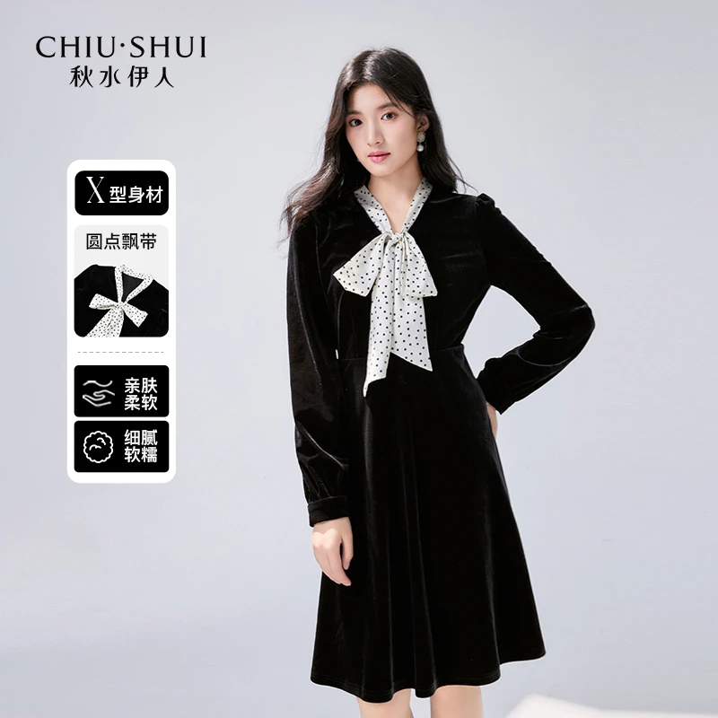 【丽公主】秋水伊人金丝绒飘带领连衣裙冬装长袖裙子624410B020678