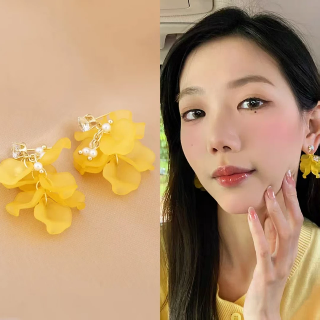 黄色花瓣耳环女森系复古夸张设计感耳钉优雅气质耳坠时尚饰品耳饰
