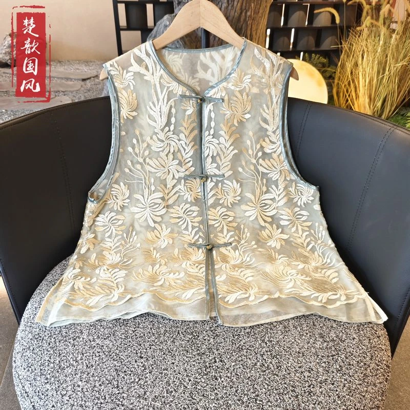 【清露】2025新款夏季马甲新中式宽松圆领网纱绣花上衣马夹女款