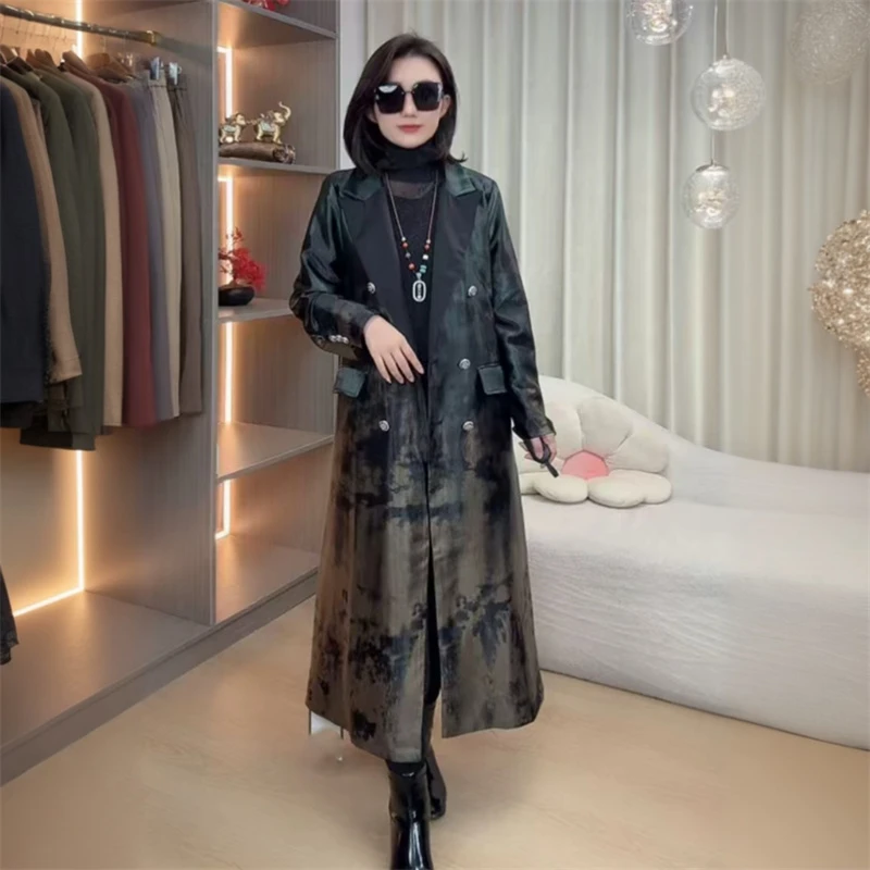 226高端气质春款复古长款外套名媛时尚妈妈醋酸真丝大码宽松风衣