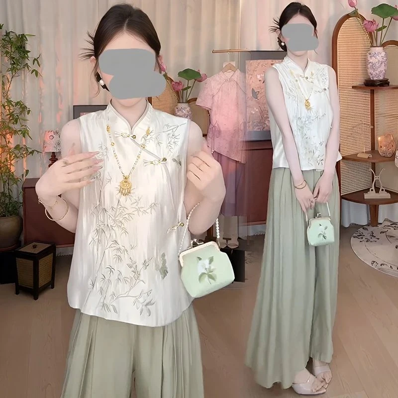 新中式睡衣女夏中国风套装印花竹子盘扣斜门襟立领上衣长裤家居服