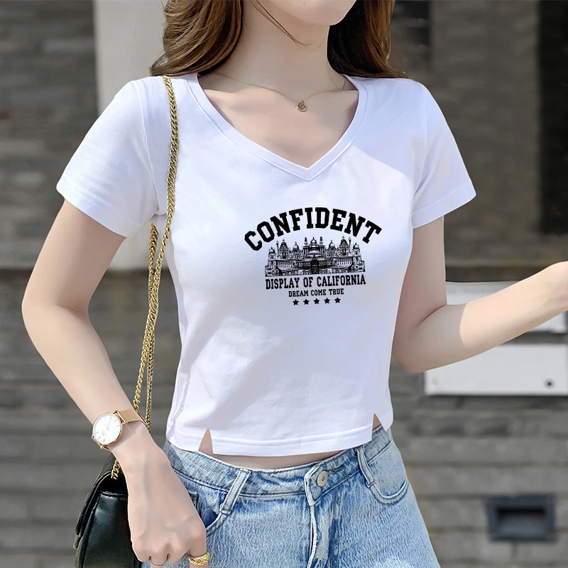 白色短袖v领t恤女短袖夏季辣妹高腰开叉正肩露脐上衣服2025年新款