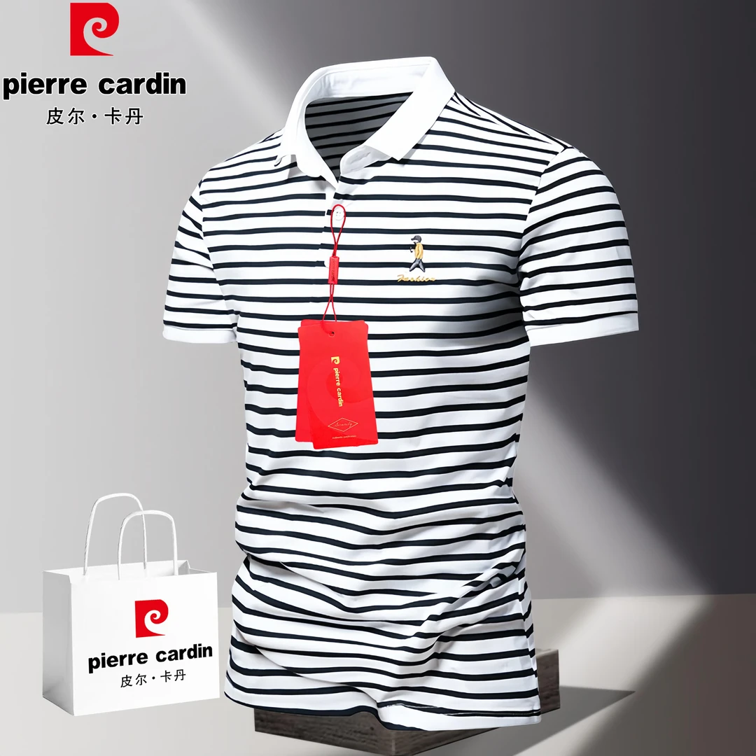 皮尔卡丹轻奢潮牌时尚半袖条纹polo衫男士夏季短袖翻领休闲体恤男