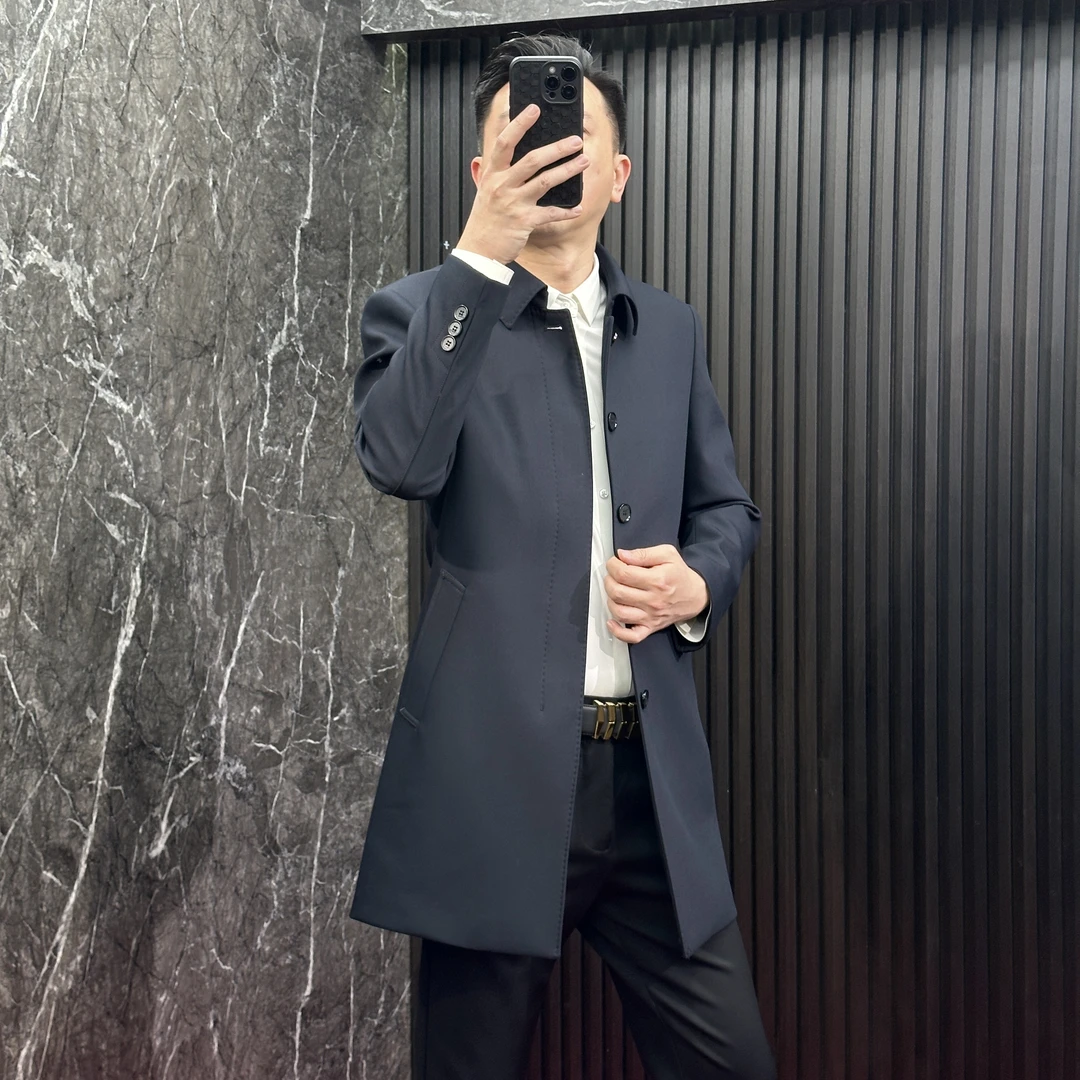 【高端抗起球抗皱中长款商务风衣】藏蓝男士经典翻领爸爸装