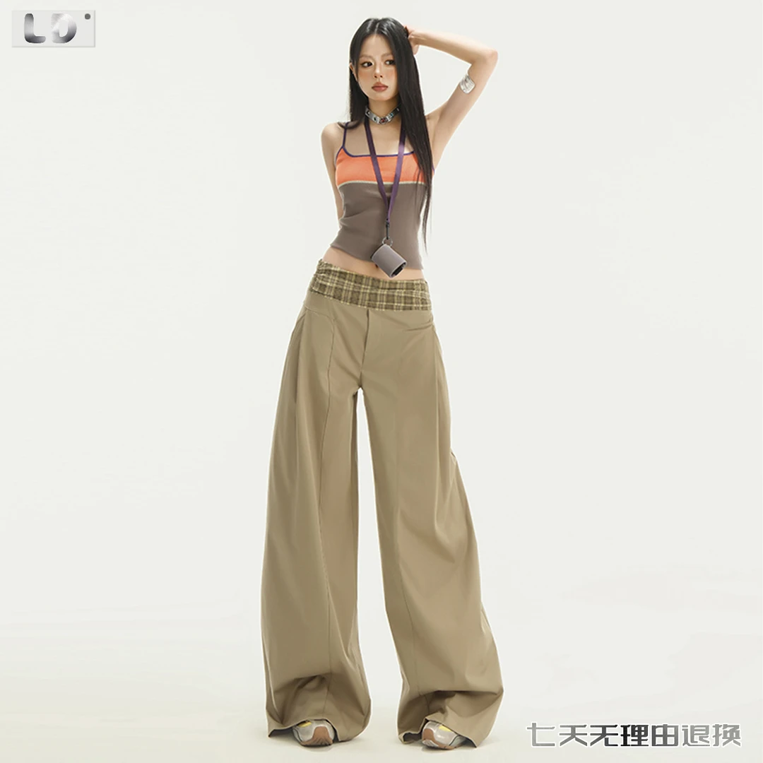 腰头拼接格纹休闲裤设计感慵懒垂感宽松阔腿裤显瘦美式撞色