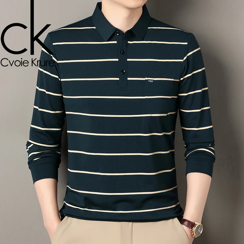 Cvoie Krure秋季长袖T恤男翻领条纹男士上衣中年Polo衫打底体恤衫